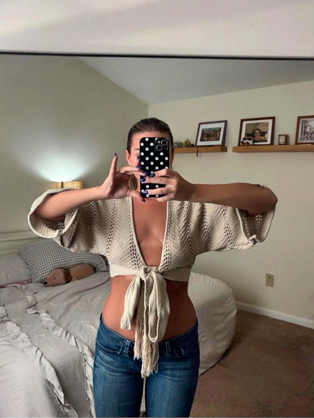 Vintage Cream Crochet Tie-Front Crop Top